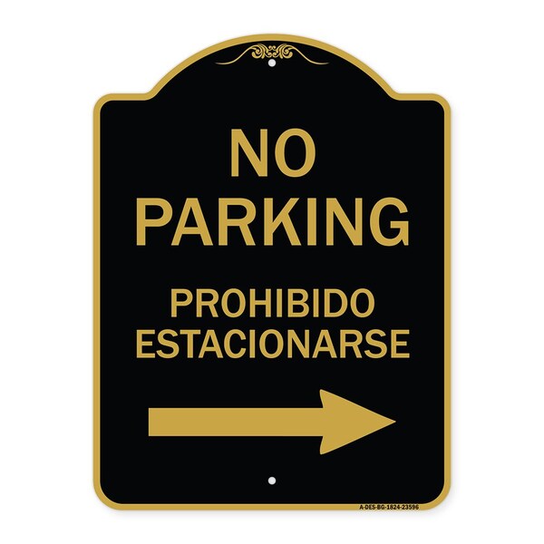 No Parking Prohibido Estacionarse W/ Left Arrow, Black & Gold Alum Sign, 18" x 24", BG-1824-23596